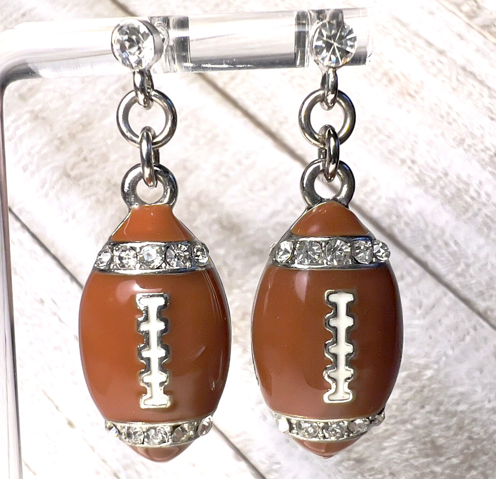 Football Enamel Rhinestone Sport Game Dangle Drop Stud Silver Tone Earrings